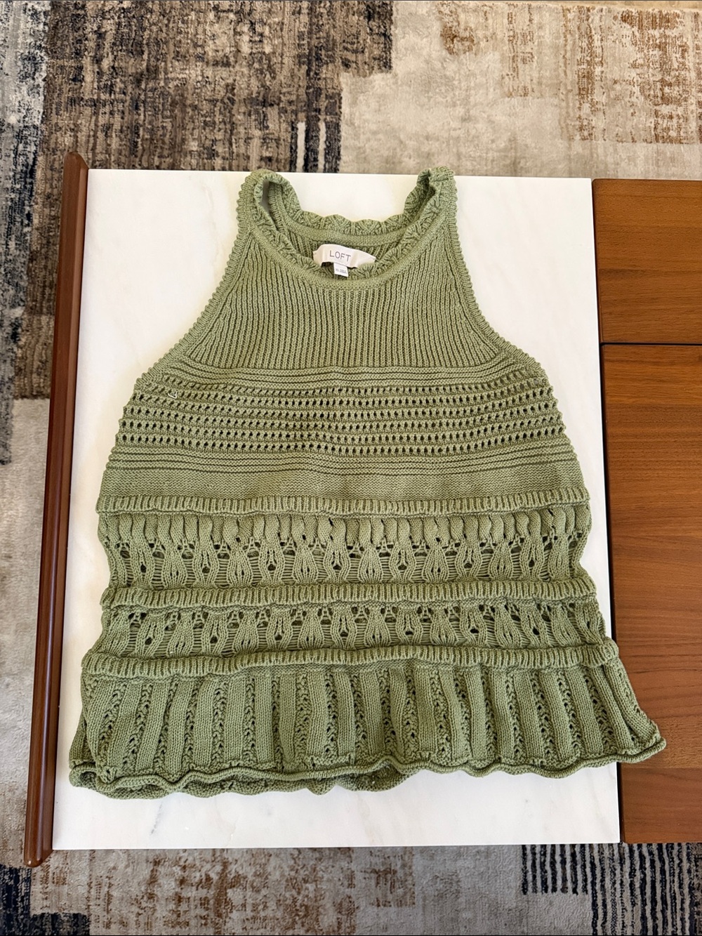 LOFT Light Olive Crochet Knit Sleeveless Shell